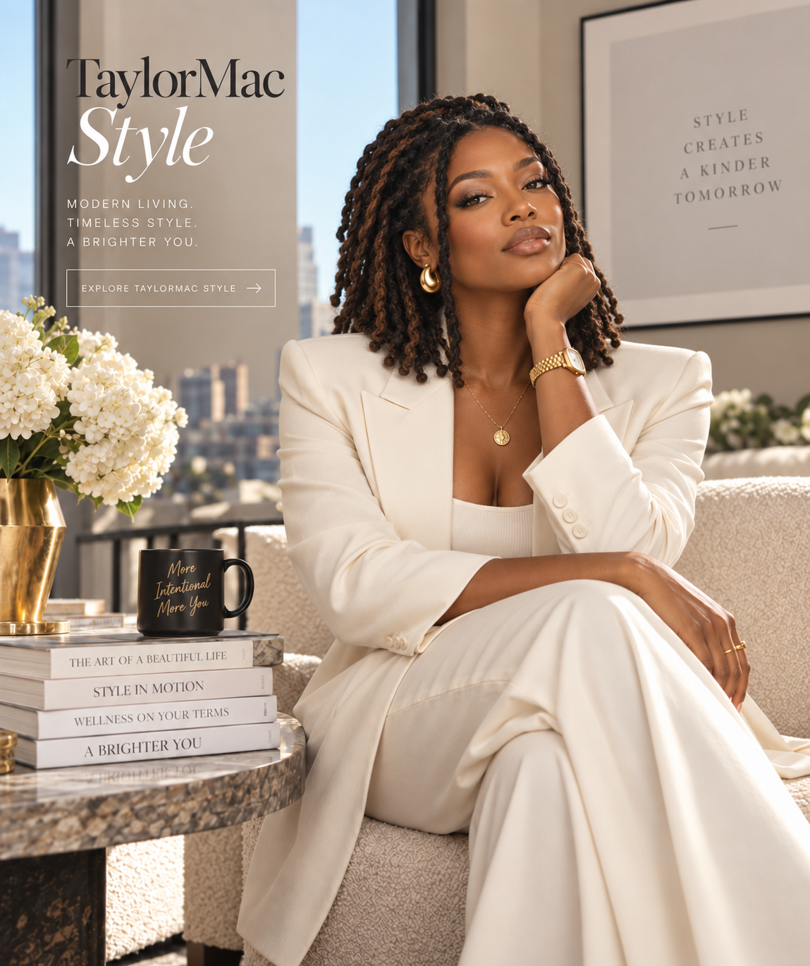 Elegant Black woman with short locs wearing an ivory suit